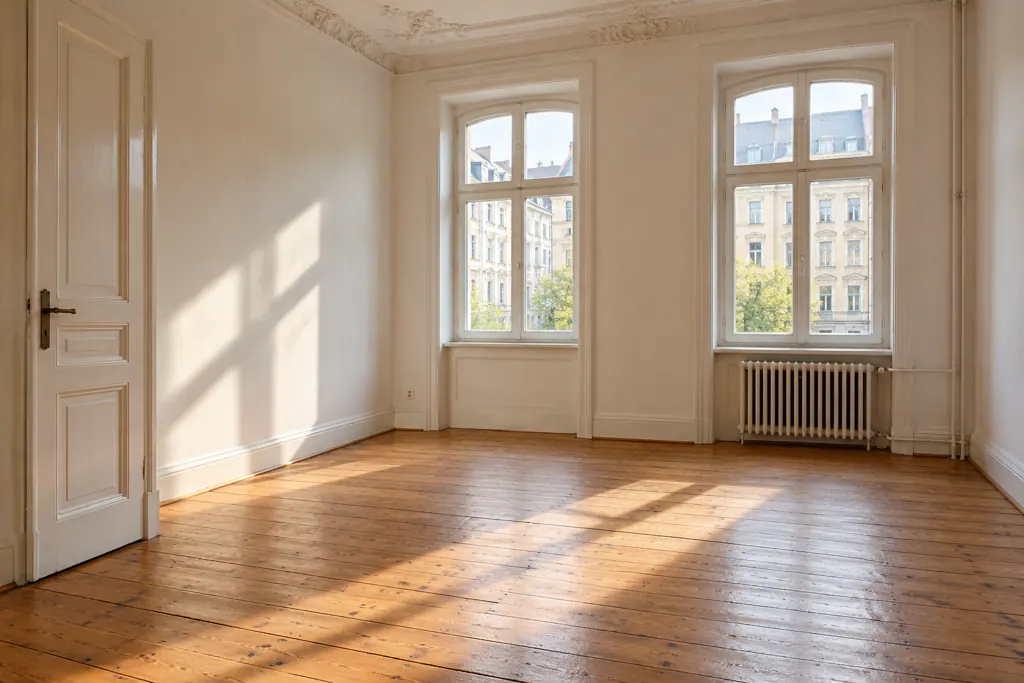 Leere, helle Altbauwohnung nach der Räumung (Beispielbild)