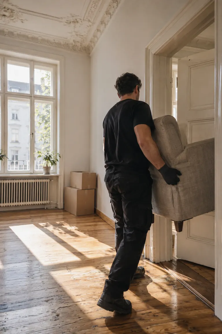 Mitarbeiter trägt einen Sessel aus einer hellen Altbauwohnung (Beispielbild)