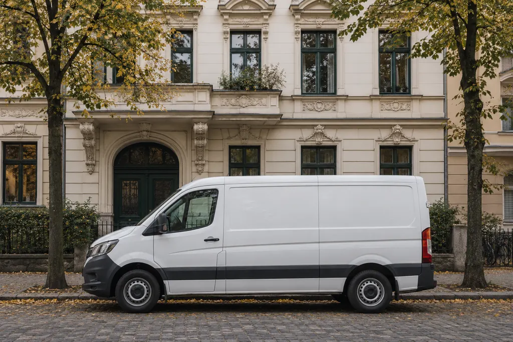 Weißer Transporter vor einem Gründerzeithaus (Beispielbild)